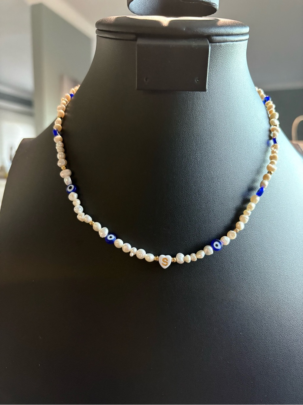 Handcrafted Genuine Pearl & Evil Eye Initial “S” Necklace